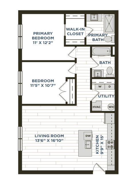 Floor plan for 2 beds, 2 baths, 1025 sqft